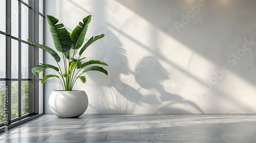 Plant in white pot on concrete wall background.