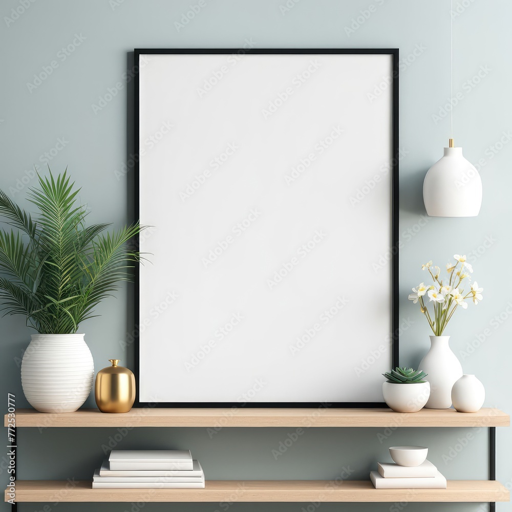 Mock up poster frame close up on shelf with decoration, 3d render Mock up poster frame close up on shelf with decoration, 3d render