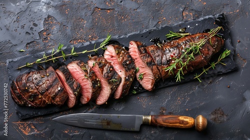 A huge knife is placed on a rustic background with copy space, displaying a traditional barbecued aged deer backstrap roast sliced with seasonings. photo