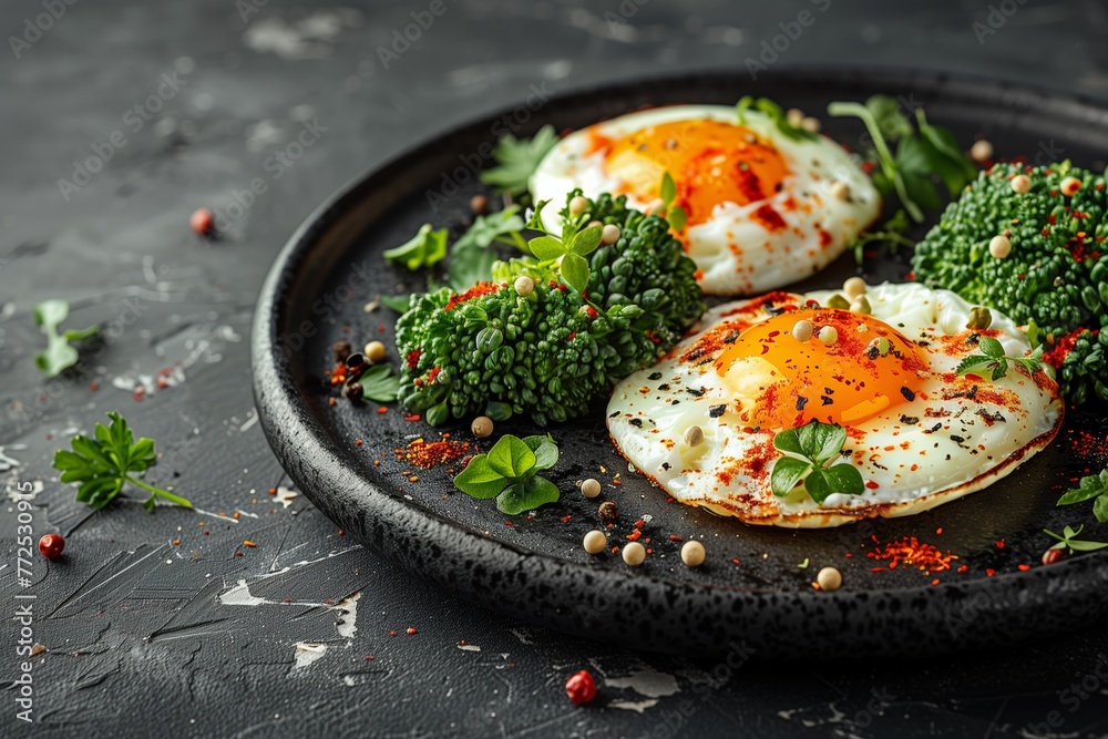 Black plate with fresh broccoli and eggs Healthy food commercial-style poster, fresh and wholesome, farm-to-table goodness, vibrant ingredients, nutrition-packed, lifestyle imagery Black plate with fresh broccoli and eggs Healthy food commercial-style poster, fresh and wholesome, farm-to-table goodness, vibrant ingredients, nutrition-packed, lifestyle imagery