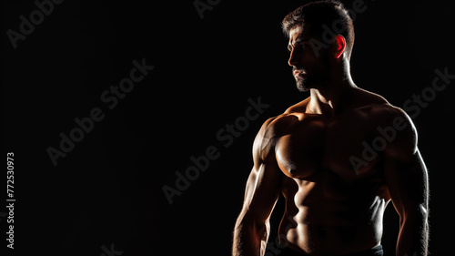 An athletic man with a bare chest on a black background