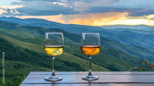 Two wine glasses while admiring the breathtaking scenery of the mountains. Enjoy this moment at the mountain resort.