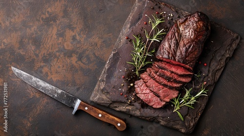 A huge knife is placed on a rustic background with copy space, displaying a traditional barbecued aged deer backstrap roast sliced with seasonings. photo