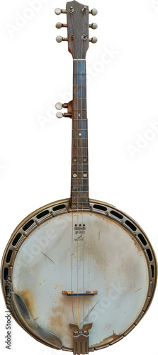 Aged banjo with a weathered body cut out on transparent background