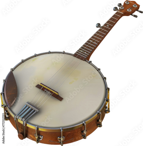 Aged banjo with a weathered body cut out on transparent background