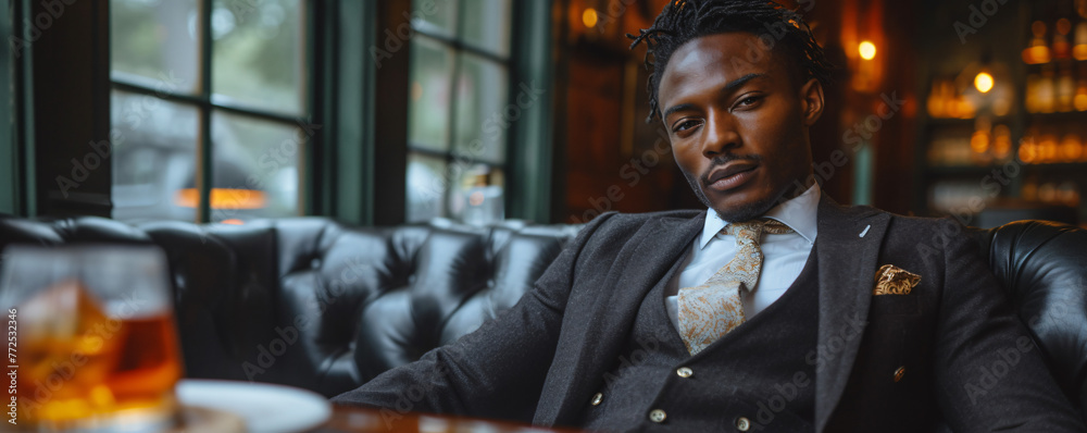 well dressed black man in luxury business suit sitting on a leather couch well dressed black man in luxury business suit sitting on a leather couch