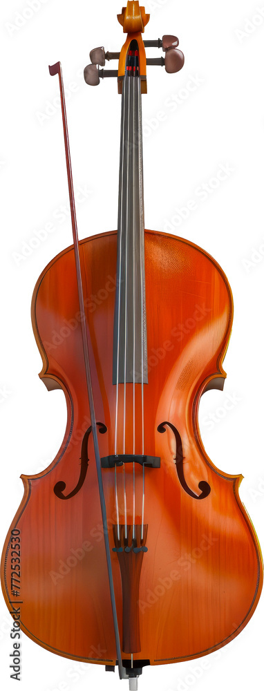 Fototapeta premium Classic cello with bow isolated cut out on transparent background