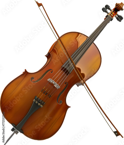 Classic cello with bow isolated cut out on transparent background