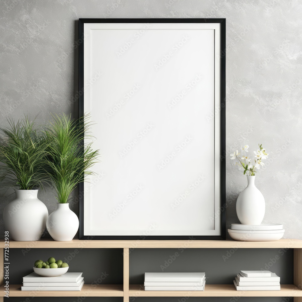 Mock up poster frame close up on shelf with decoration, 3d render Mock up poster frame close up on shelf with decoration, 3d render