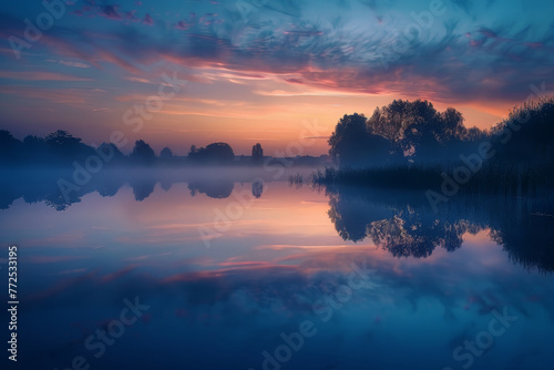 A calm lake with a foggy sky in the background © mila103