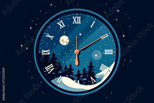 Simple illustration of a clock striking midnight mark the beginning of the new year
