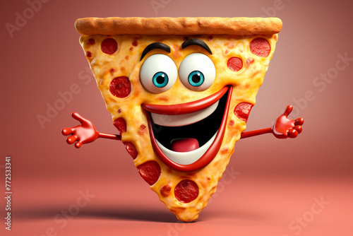 Simple 3D illustration of a happy pizza slice character