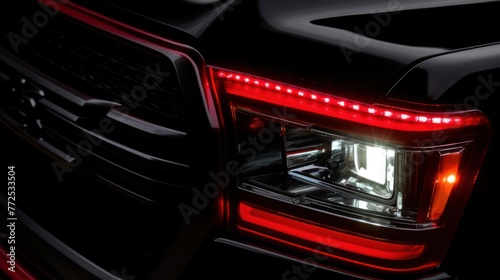 Close up detail on one of the LED headlights red Pickup Truck
