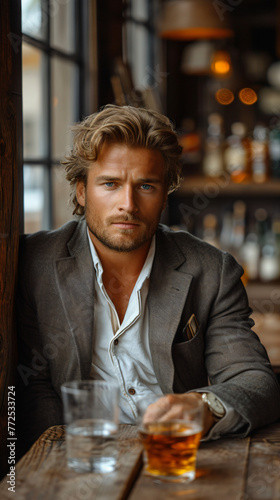 well dressed blonde man in luxury business suit sitting at a table at bar