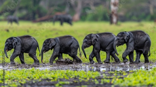  A group of young elephants strolled on a sludgy trail past a field of adult elephants