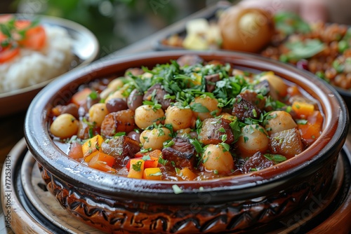 Plate with Moroccan traditional food, commercial-style photography, fresh and wholesome