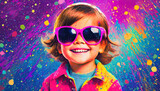 Vibrant vintage pop art style portrait of a smiling and creative girl toddler wearing sunglasses with paint splattering effect. AI generated wallpaper.
