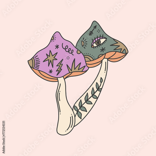 Vector psychedelic mystical groovy whimsical doodle witchy mushroom family and celestial characters, esoteric objects. Hand-drawn sketchy sticker, art print boho clipart symbols isolated on background