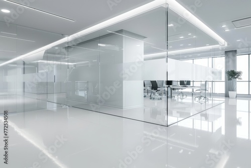 Modern office with glass partition and chic white flooring for stylish workspace