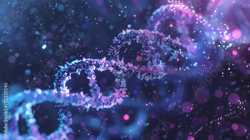 A close-up depiction of a DNA double helix with a shimmering, futuristic look against a bokeh background with blue and purple hues