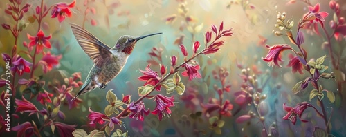 Spring's Symphony: The Graceful Hover of a Hummingbird by Blooming Coral Bells photo