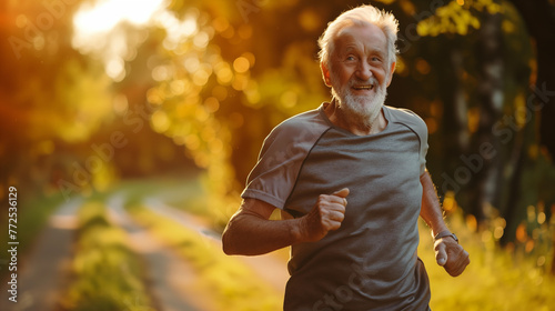 Healthy senior with beard running outdoor in a park 