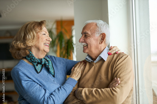 Cheerful senior couple talking to each other at home