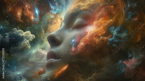 A womans face is encircled by vibrant and multicolored clouds, creating a striking and surreal visual composition photo