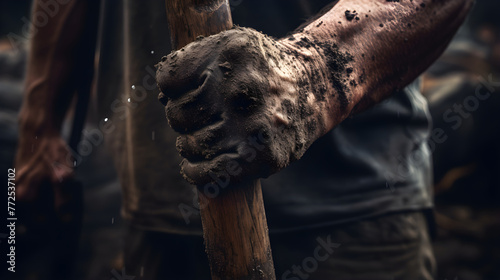 Captivating Image of a Strong Hand Gripping a Weathered Ax - A Symbol of Determination and Resilience