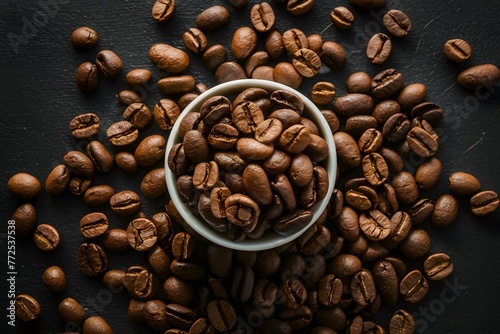 Capture Top view photo of scattered roasted coffee beans on black