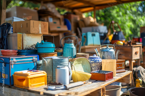 Second hand old household objects for sale at flea market, garage sale, thrift store, charity shop. Zero waste, sustainable lifestyle