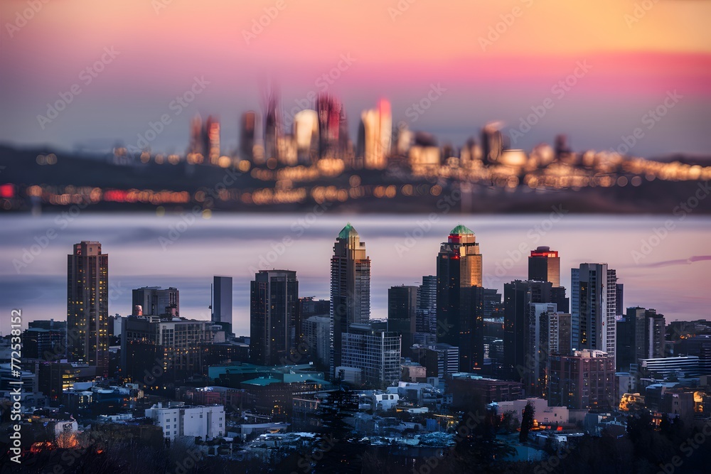 Fototapeta premium City skyline at sunset with glowing lights in blurred background