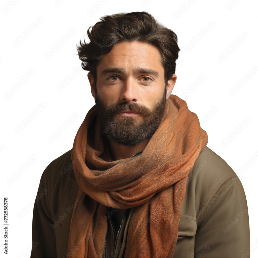 A man with facial hair and a chin beard, wrapped in a stylish scarf like a shawl, adding artistic flair to his event attire with a touch of oldworld charm on transparent A man with facial hair and a chin beard, wrapped in a stylish scarf like a shawl, adding artistic flair to his event attire with a touch of oldworld charm on transparent