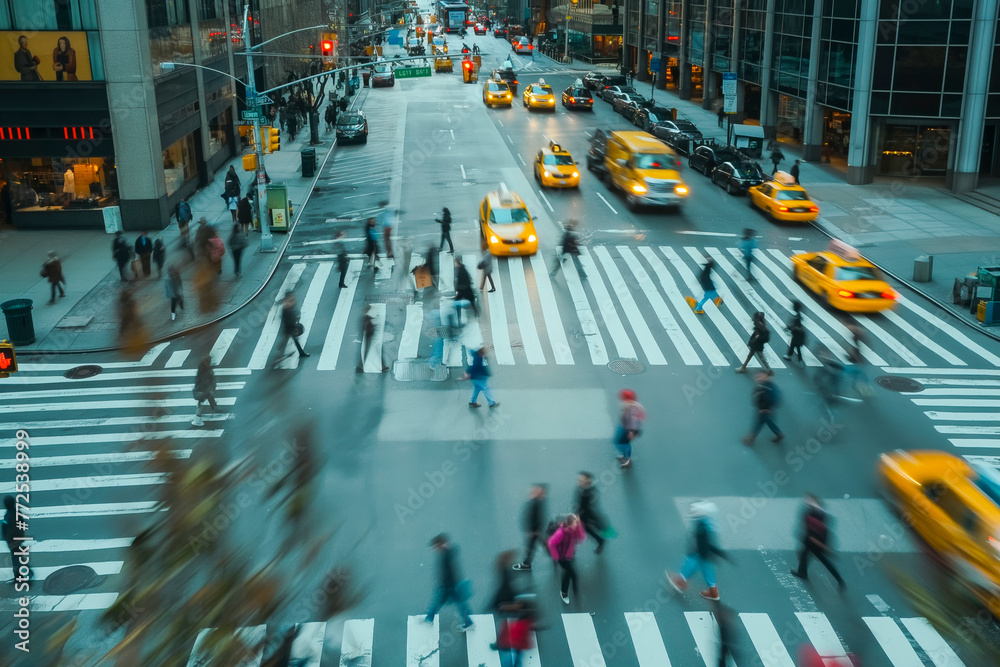 Obraz premium time-lapse of daylight busy urban downtown city crowd people commuter transportation intersection street motion people and car taxi street scene pedestrian city people lifestyle