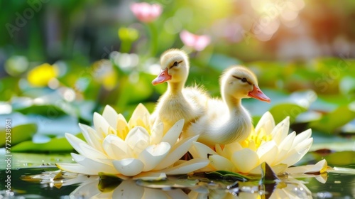  A pair of ducks perched atop a pond adorned with water lilies, surrounded by a lily pad teeming with water lilies