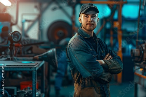A man with his arms crossed stands confidently in a factory setting