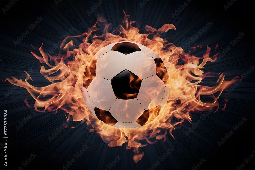 Fototapeta premium Digital Soccer ball engulfed in captivating flames, symbolizing intensity and passion