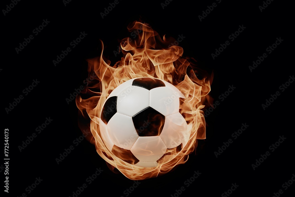 Naklejka premium Display Soccer ball engulfed in flames, isolated on black backdrop