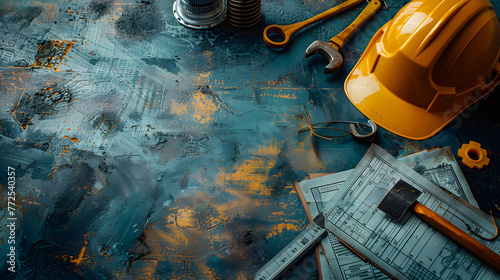 Yellow safety helmet, gloves, and tools on a grunge blue background. Construction industry and manual labor concept for design and print. Workshop flat lay with copy space