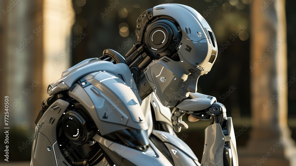 Thinker robot. The cutting-edge robot is deliberating on the best course of action. Humanoid robot seated. Thinker robot. The cutting-edge robot is deliberating on the best course of action. Humanoid robot seated.