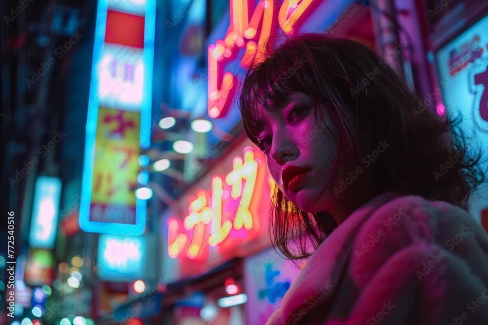 Obraz premium portrait of a korean girl at night of the neon street at the downtown in Tokyo