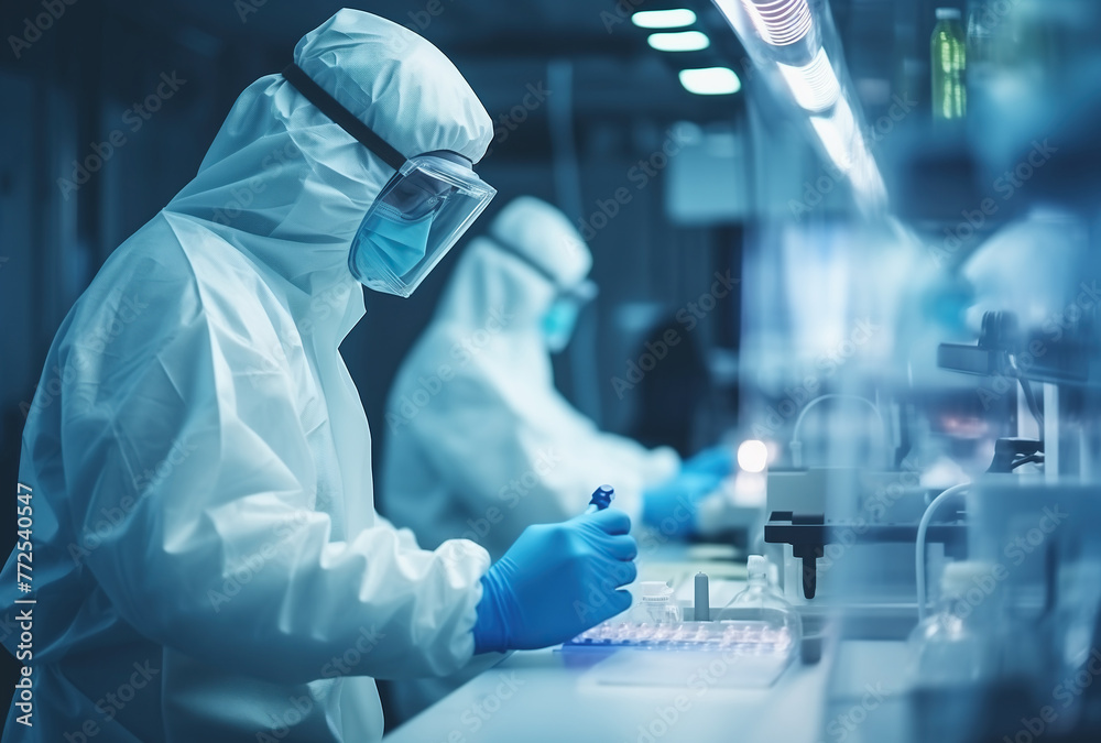 A scientist dressed in suit, gloves and glasses in a laboratory