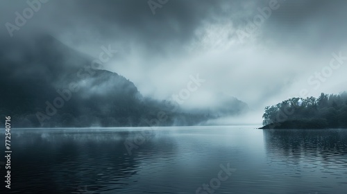 An ethereal black mist enveloping a serene landscape, evoking a sense of mystery and wonder, minimalist, real photo, stock photography ai generated high quality image photo