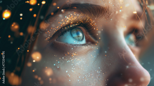 Closeup on a girl's eye with glitter and bokeh effect