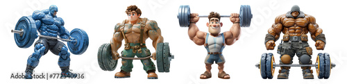 set of bodybuilder athlete cartoon characters, 3d illustration design, isolated on transparent background, generative ai