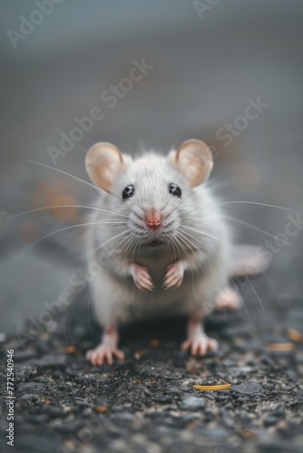 A white rat with pink eyes sitting peacefully on top of a bed of small gray stones