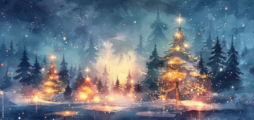 watercolor Magical forest with christmas trees and glowing lights