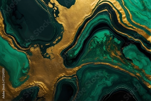 Background green gold abstract texture marble pattern liquid ink paint. Dark background green gold luxury stone. Emerald and gold texture