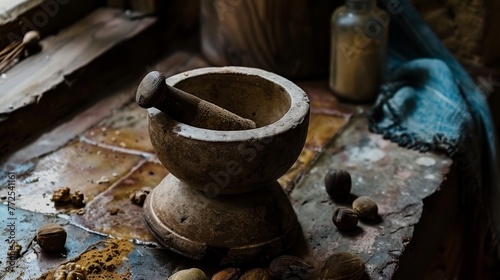  An antiquated pestle rests atop a wooden surface, adjacent to a container of oil and assorted nuts strewn about