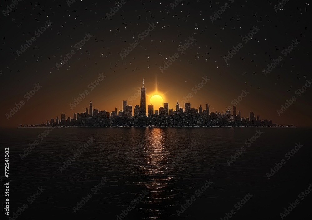 Majestic Night Skyline with Glittering Stars and Illuminated Cityscape Reflection in Water